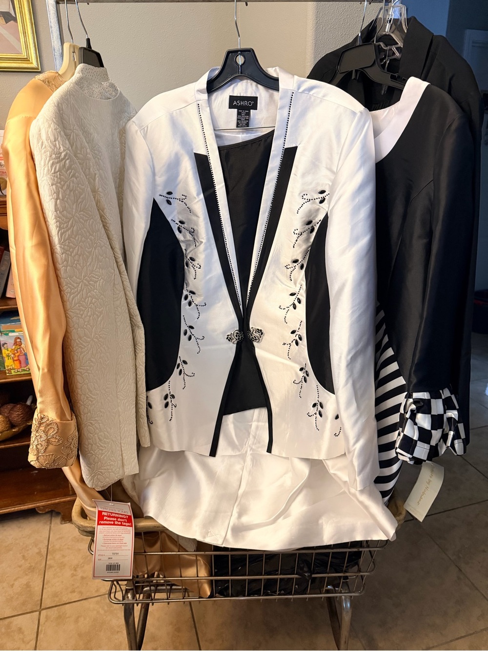 Ashro White and Black Embellished Open-Front Blazer and Skirt